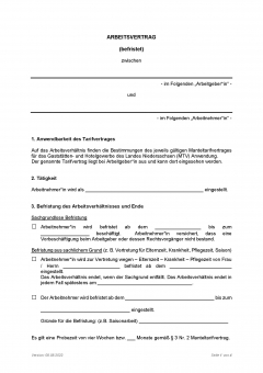 Arbeitsvertrag Hotel-& Gaststättengewerbe Niedersachsen PDF